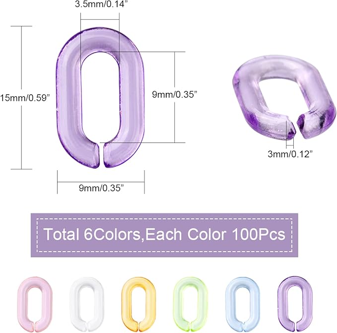 LiQunSweet 600Pcs 6 Colors Acrylic Linking Rings Quick Link Connectors Hook Chain Links Colored Link Connectors for Jewelry Making
