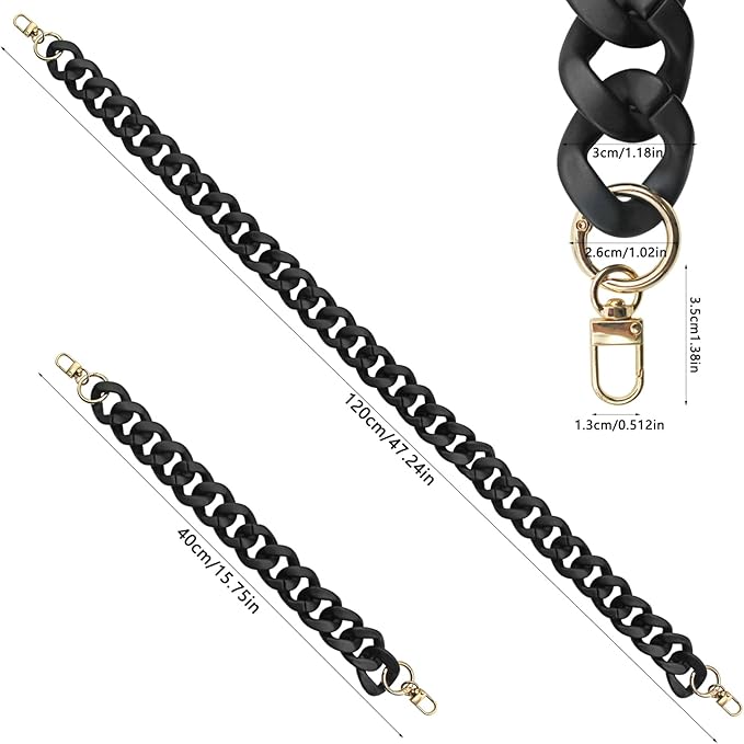 DaKuan 2 PCS Black Acrylic Flat Chain Strap for Handbag Replacement, DIY Bag Strap for Crossbody Clutch Craft (40cm & 120cm)