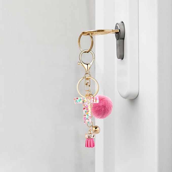 Resin Alphabet Initial Letter Keychain Keyring for Women Purse Handbags With Fur Ball Pom
