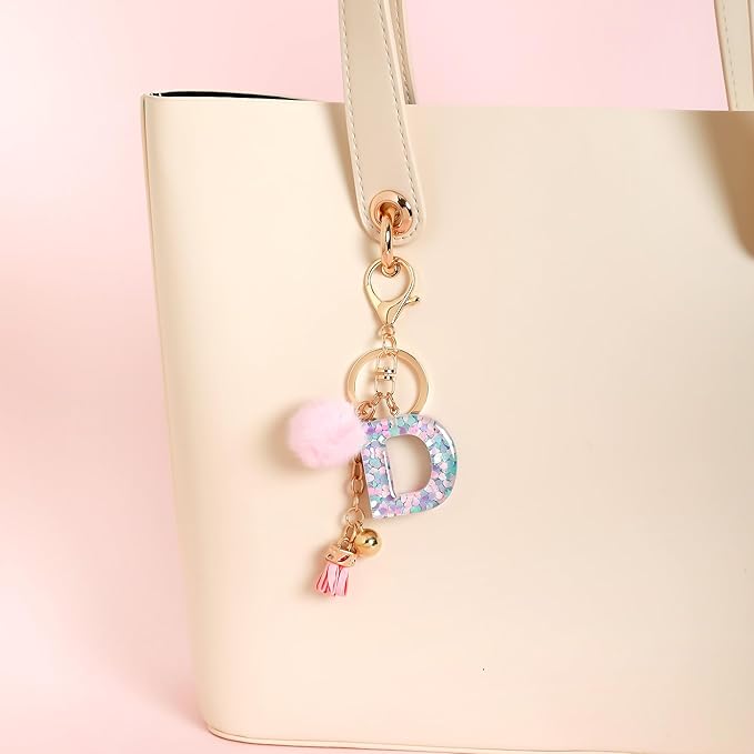 Resin Alphabet Initial Letter Keychain Keyring for Women Purse Handbags With Fur Ball Pom