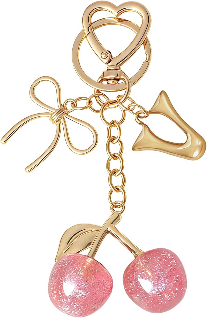 Snycler Bubble Initial Keychain with Cherry & Bow - Gold Letter Bag Charms for Women, Cute Purse Handbag Accessories