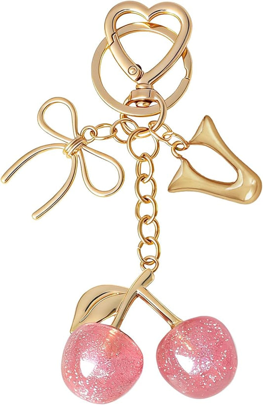 Snycler Bubble Initial Keychain with Cherry & Bow - Gold Letter Bag Charms for Women, Cute Purse Handbag Accessories