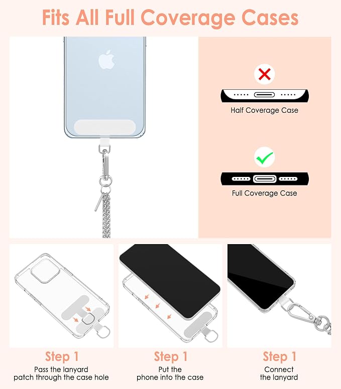 MoKo Universal Phone Lanyard, Metal Cell Phone Chain Crossbody Strap Anti-Theft Detachable Women Cellphone Lanyards Around The Neck with Patches for iPhone, Most Smartphones, Pale Silver
