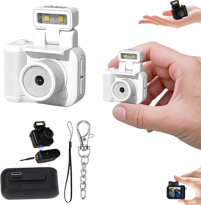 Retro Snap Camera，Mini Nostalgic Vintage View，Tiny Snaps，Keychain Digital Photo Camera，Llavero Mini CáMara Retro，1080p Hd with Led Flash Light (White Without Memory Card)