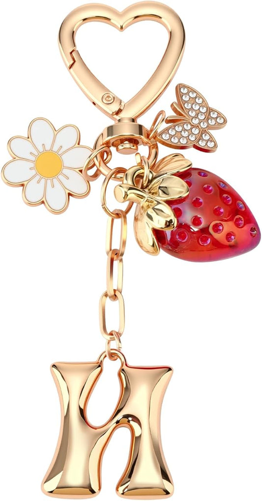 Strawberry Initial Keychain for Women-Cute Kawaii Gold Alphabet Bag Charms, Key chain Gift for Purse Handbag