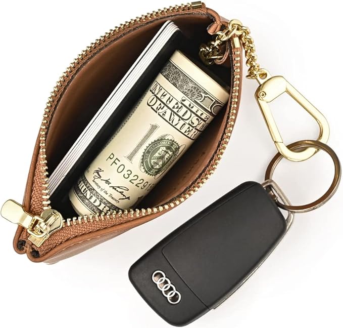 Premium Genuine Full Grain Leather Mini Coin Purse Keychain Pouch Card Holder for Men Women (Light Brown)