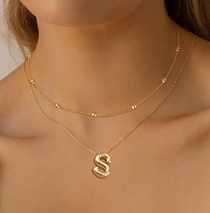 PANSHI Gold Initial Necklaces Gifts for Teen Girls Women Girlfriend Teen Girl Gifts Trendy Stuff Layered Bubble Letter Necklace Gold Jewelry Birthday Gift