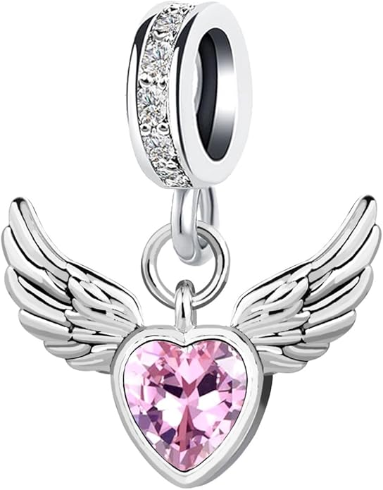 KunBead Guardian Angel Wings Heart Birthstone Dangle Birthday Charms Compatible with Pandora Charm Bracelet for Women