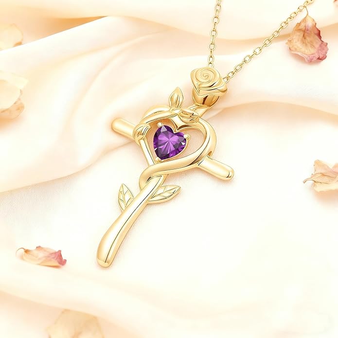 Midari 18K Yellow Gold Cross Pendant Rose Birthstone Necklaces for Women Christian Cross Jewelry with 12 Months Birthstone Birthday Gifts for Wife Her Daughter Mom