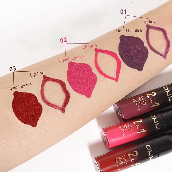 3Pcs 2 in 1 Dark Plum Purple Rose Dark Red Lip Liner and Liquid Lipstick Stain Makeup Set for women, Long Lasting Smudge Proof Lip Tint Matte Finish Lip Gloss for All-Day Color Hold Easy to Use, Set01