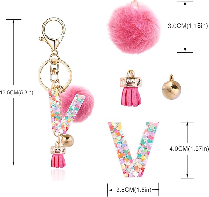 Resin Alphabet Initial Letter Keychain Keyring for Women Purse Handbags With Fur Ball Pom