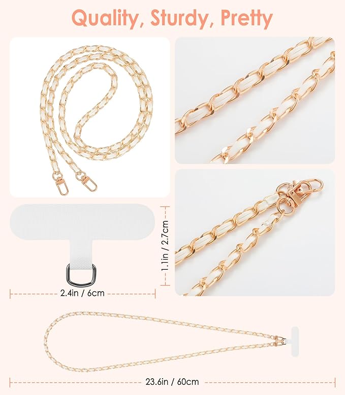 MoKo Universal Phone Lanyard, Metal Cell Phone Chain Crossbody Strap Anti-Theft Detachable Women Cellphone Lanyards Around The Neck with Patches for iPhone, Most Smartphones, White