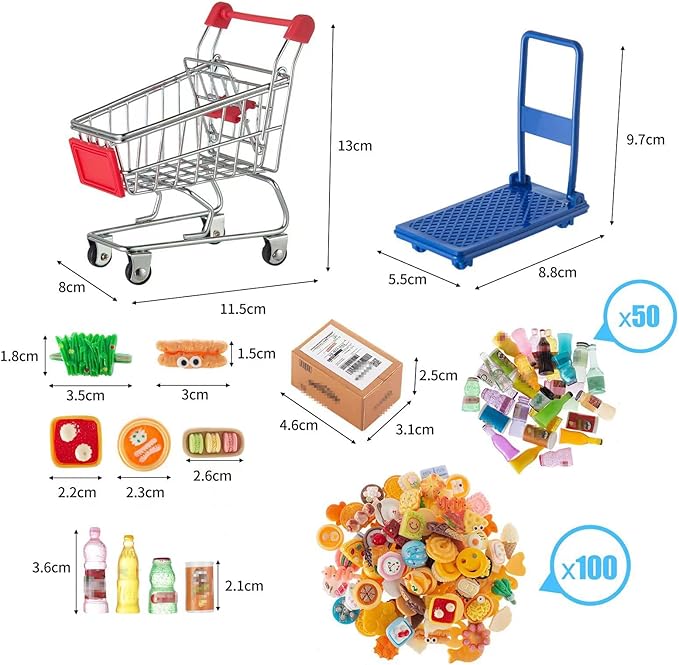 175PCS Miniature Courier Box Set Shopping Mall Shipping Boxes Mini Supermarket Handcart Models 1:12 Food Drink Bottles Cans Dollhouse Pretend Play Kitchen Game Party Accessories Toys Doll House