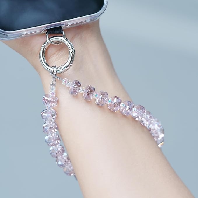 Crystal Beaded Phone Wrist Strap Glass Beads Bracelet Lanyard Crystal Chain Cell Phone Wristlet Strap for Women (Light Purple)