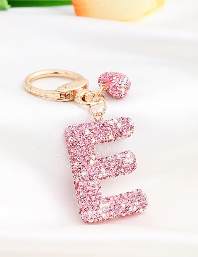 Initial Keychain for Women Girls,Bling Letter Key chain Initial with Heart,Pink Keychain Charms for Backpack Handbag