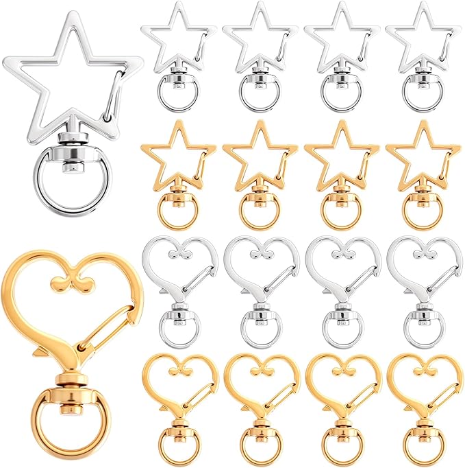 OIIKI 20pcs Star Heart Swivel Keychain Clasp, Zinc Alloy Spring Snap Hook Jewelry Clasps, Heavy Duty Lobster Keyring Clip Bag Accessories for Keychains DIY Crafts- Gold & Silver