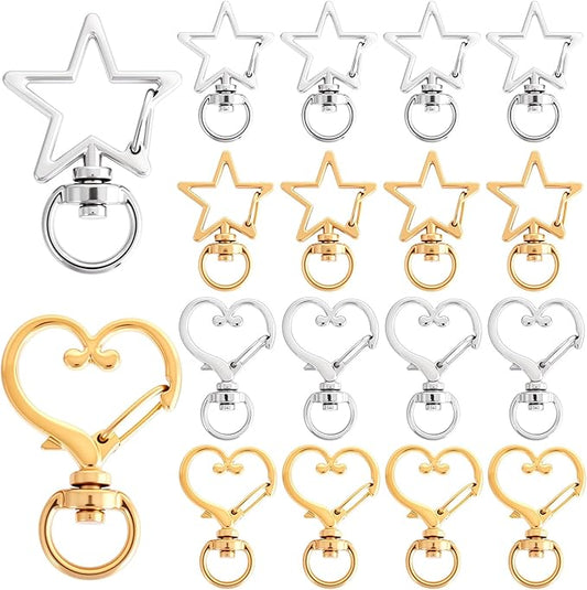 OIIKI 20pcs Star Heart Swivel Keychain Clasp, Zinc Alloy Spring Snap Hook Jewelry Clasps, Heavy Duty Lobster Keyring Clip Bag Accessories for Keychains DIY Crafts- Gold & Silver