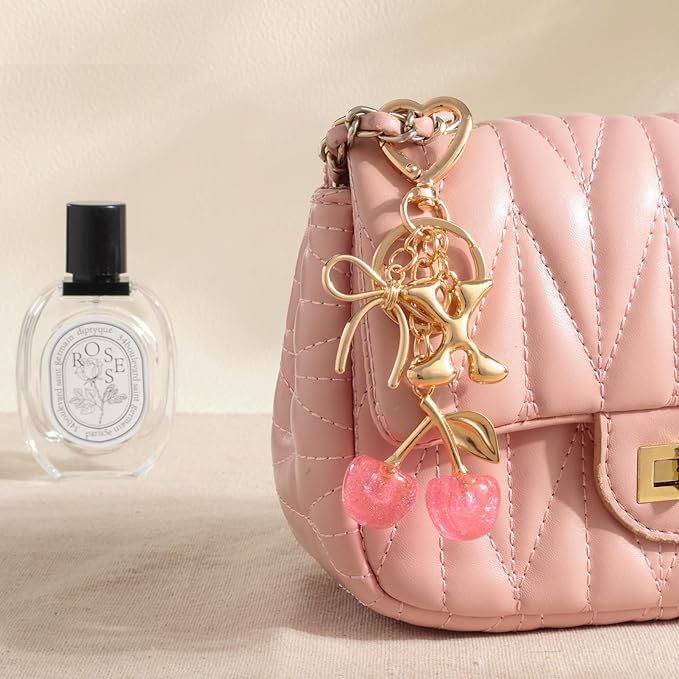 Snycler Bubble Initial Keychain with Cherry & Bow - Gold Letter Bag Charms for Women, Cute Purse Handbag Accessories