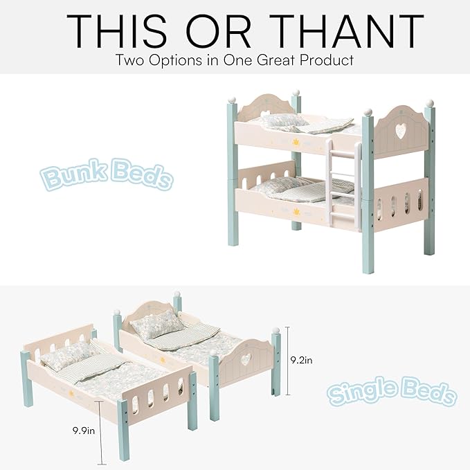 ROBOTIME Baby Doll Bunk Beds, Wooden Doll Cribs for 18 inch Dolls Furniture, Stackable Doll Bed Fits American Girl Doll (Blue, 2 Pcs Beds)