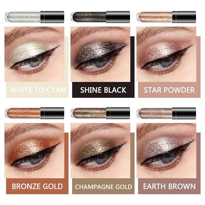 6 Colors Liquid Glitter Eyeliner,Glitter Eyeshadow ,Waterproof Long Lasting Makeup Kits (A)