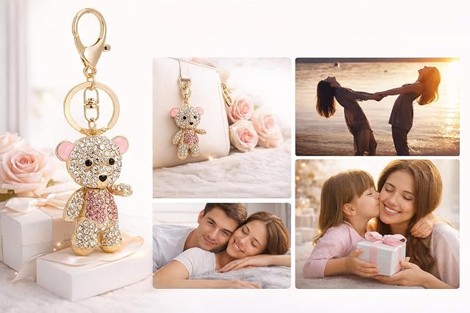 Cute Bear Key Ring Rhinestone, Pink Decorative Cartoon Metal Key Chain Lovely for Student Backpack Women Birthday Gift