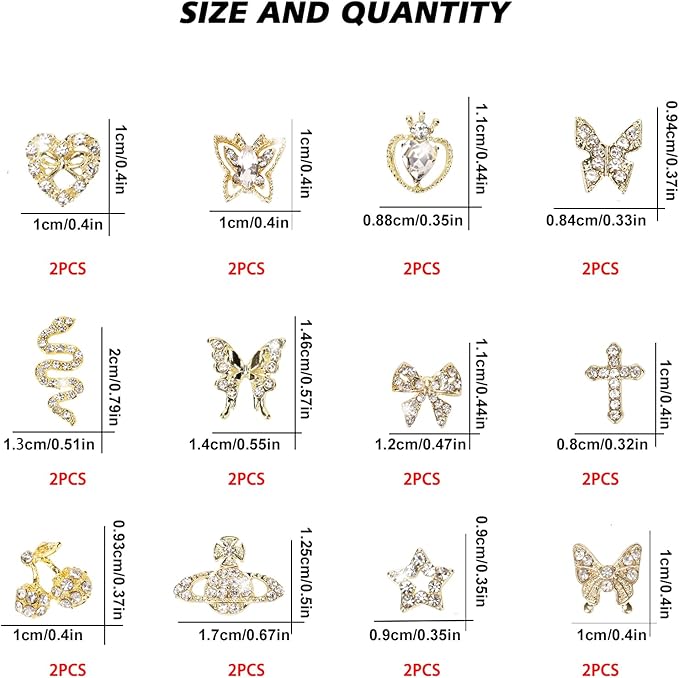 24PCS Nail Charms Y2k Alloy Nail Art Rhinestone Charms 3D Heart Bow Butterfly Charm with Rhinestones Cherry Nail Gems Shiny Jewelry Nail Decorations Accessories Supplies (SG)