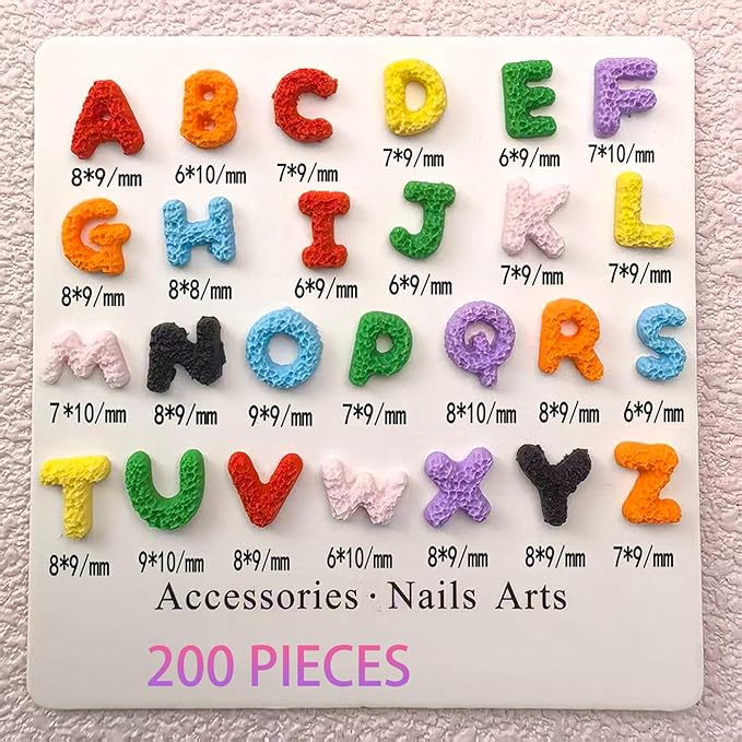 200 Pcs Letter Nail Art Charms, CYHYII 3D Mixed Candy Colorful Letter Resin Nail Rhinestones Nail Gems DIY Manicure Nail Decoration Accessories for Women Girls