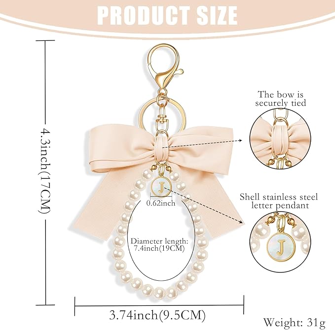 XGALBLA Initial Letter Cute Coquette Bow Keychain for Women, Wristlet Simulated Pearl Keychains Bag Charms for Handbags