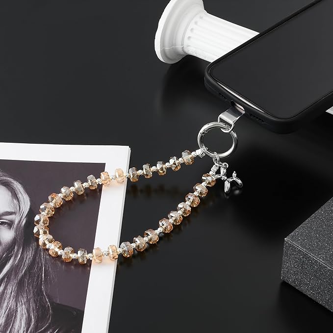 Crystal Phone Wrist Strap Phone Charm Chain Keychain Beaded Cellphone Lanyard with Tether Tab Hands-Free Wristlet Bracelet Wrist Grip Strap for Women, W-Amber