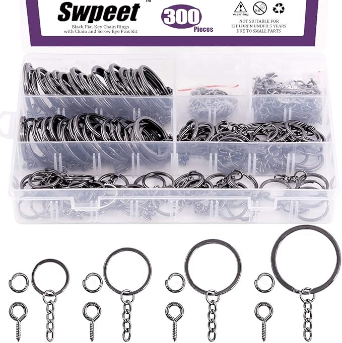 Swpeet 300Pcs Black Flat Key Chain Rings Kit, 100Pcs Keychain Rings with Chain and 100Pcs Jump Ring with 100Pcs Screw Eye Pins Bulk for Jewelry Findings Making - 4/5 Inch, 1 Inch, 6/5 Inch, 7/5 Inch