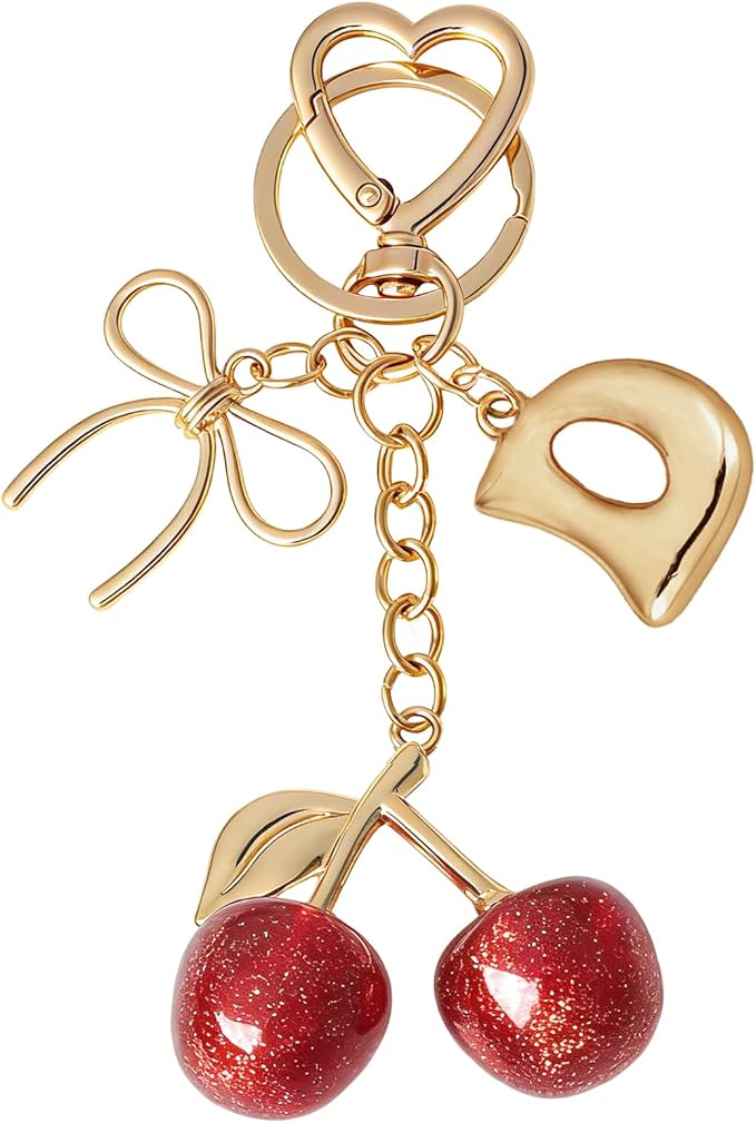 Snycler Bubble Initial Keychain with Cherry & Bow - Gold Letter Bag Charms for Women, Cute Purse Handbag Accessories