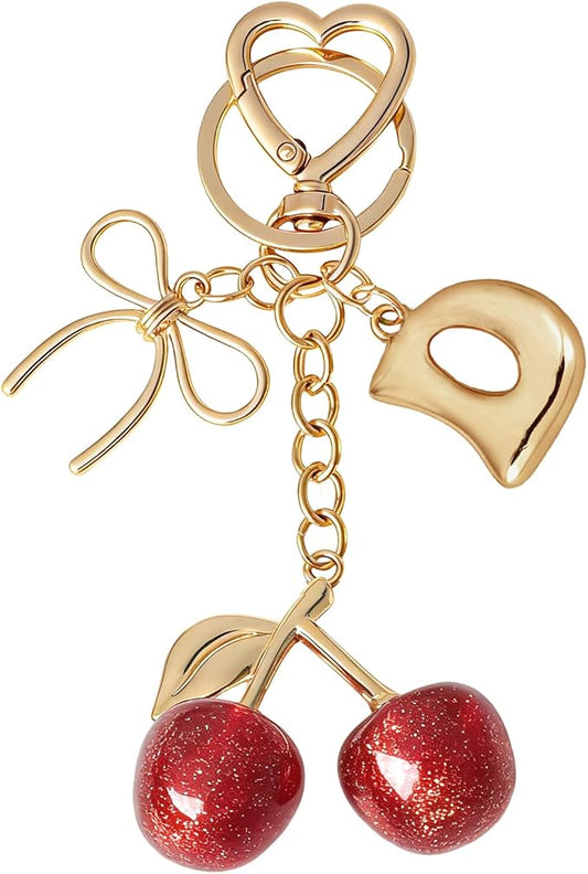 Snycler Bubble Initial Keychain with Cherry & Bow - Gold Letter Bag Charms for Women, Cute Purse Handbag Accessories