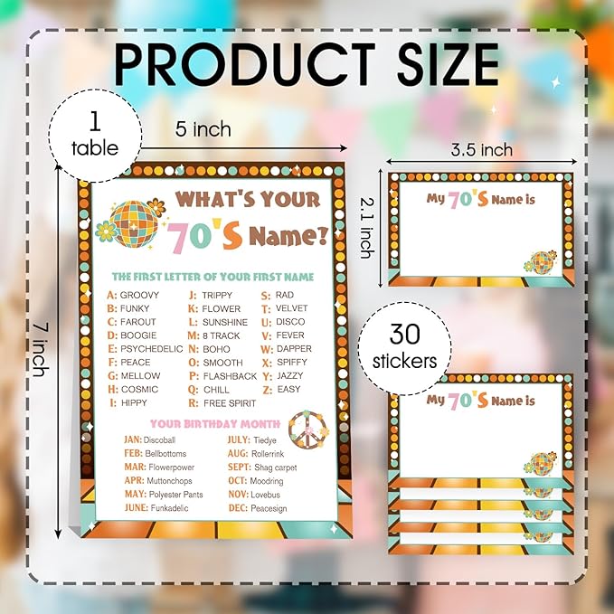 What's Your 1970's Name Game, 1 Double Sided Sign & 30 Sticker Cards, Disco Themed Birthday Party Games for Adults & Kids, Perfect for 70's Themed Party Decorations, Fun for 30 People