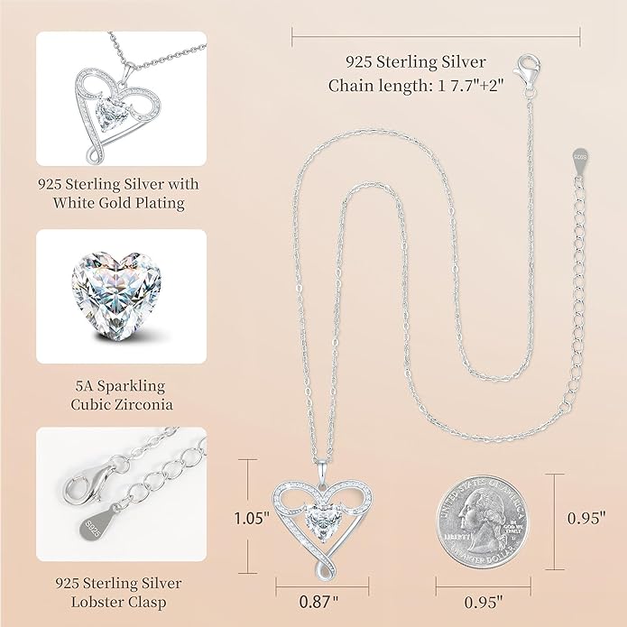 Yuelove Infinity Necklace for Women, 925 Sterling Silver Heart Necklace with 5A Zircon, White Gold Plated Adjustable Chain, Gift for Valentine's Day, Birthday, Anniversary for Wife, Girlfriend, Mom