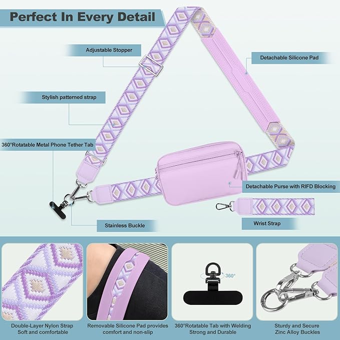 Clip and Go Strap for Phone with Wallet Crossbody, Adjustable Phone Lanyard with Detachable RFID Wristlet Wallet, Pattern Strap - Light Purple(L)