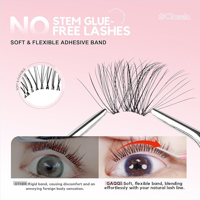 GAQQI Self Adhesive Eyelash Clusters, Volume No Glue Lashes 10-16mm, No Band Self Adhesive Lash Clusters 120pcs, Press On Lashes Invisible Band, With Lash Tweezer (CLASSIC)