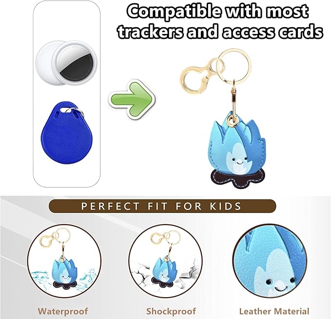 Leather Keychain Holder Case Compatible with AirTag,Cute Protective Cover with Keyring,Anti-Scratch Finder GPS Tracker Case for Wallet Keys,Bag,Pets(Bonfire Blue)