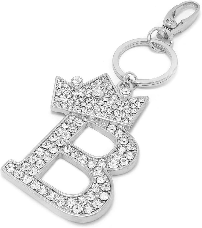 CBC Crown Crystal Rhinestone Letter Initial Keychain, Gold Metal, Bag Charm with Key Ring Approx. 2.17" x 2.56"