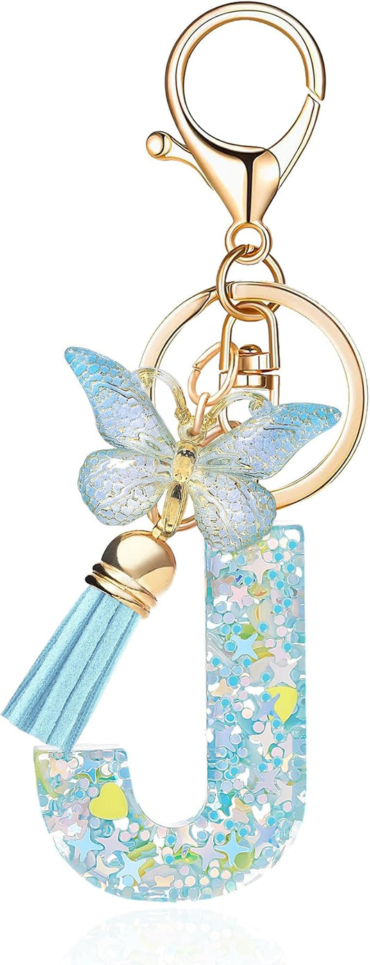 Fashion Alphabet Initial Letter Keychain Tassel Butterfly Pendant Key Ring for Purse Handbags Women Girl