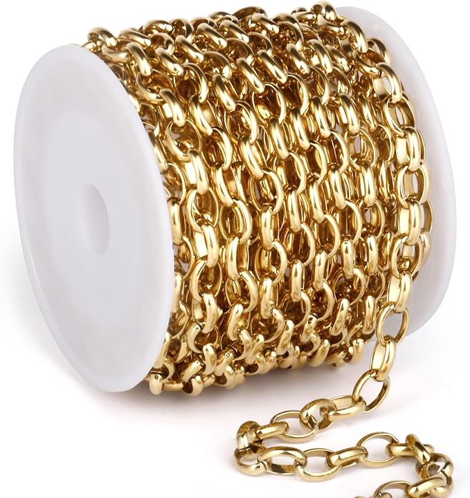 16.5FT Gold Oval Rolo Chains Roll, 5.5mm Width 18K Gold PVD Plated 304 Stainless Steel Oval Cable Link Chain Bulk Spool for Jewelry Making DIY Craft