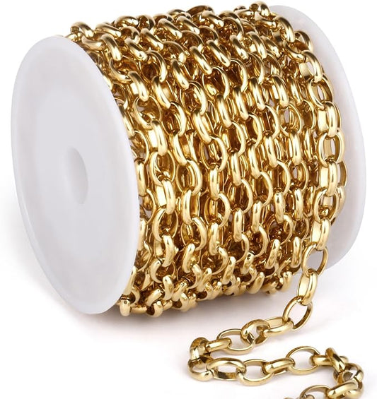 16.5FT Gold Oval Rolo Chains Roll, 5.5mm Width 18K Gold PVD Plated 304 Stainless Steel Oval Cable Link Chain Bulk Spool for Jewelry Making DIY Craft