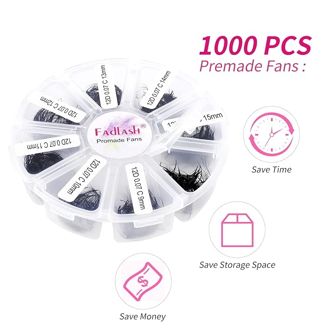 Volume Lash Extensions 1000pcs Premade Fans Eyelash Extensions Promades Eyelash Loose Fans Pointed Base 5D/8D/10D/12D/14D/16D 9-16mm/15-20mm Mixed Tray Avalible (12D-0.07C, 9-16mm)