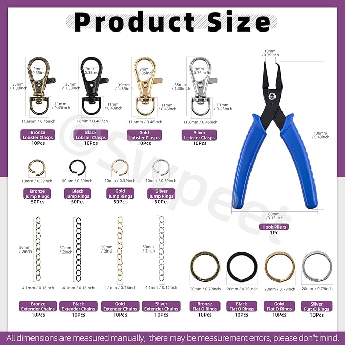 Swpeet 321Pcs Assorted Keychain Making Set with Pliers, 40Pcs Swivel Lanyard Snap Hook, 1Pc Split Ring Pliers, 40Pcs Keychain Ring, 40Pcs Extender Chains, 200Pcs Jump Rings, Bronze/Black/Gold/Silver