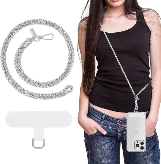 MoKo Universal Phone Lanyard, Metal Cell Phone Chain Crossbody Strap Anti-Theft Detachable Women Cellphone Lanyards Around The Neck with Patches for iPhone, Most Smartphones, Pale Silver