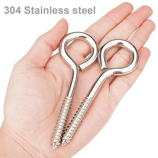 Aovchei Eye Screws, 4 Pcs 4.5 Inch Long, 304 Heavy Duty Stainless Steel Screw Hooks, Rust-Resistant Self Tapping Eyelet Bolts for Wood, Securing Cables Wires, Indoor & Outdoor for Hanging Artwork