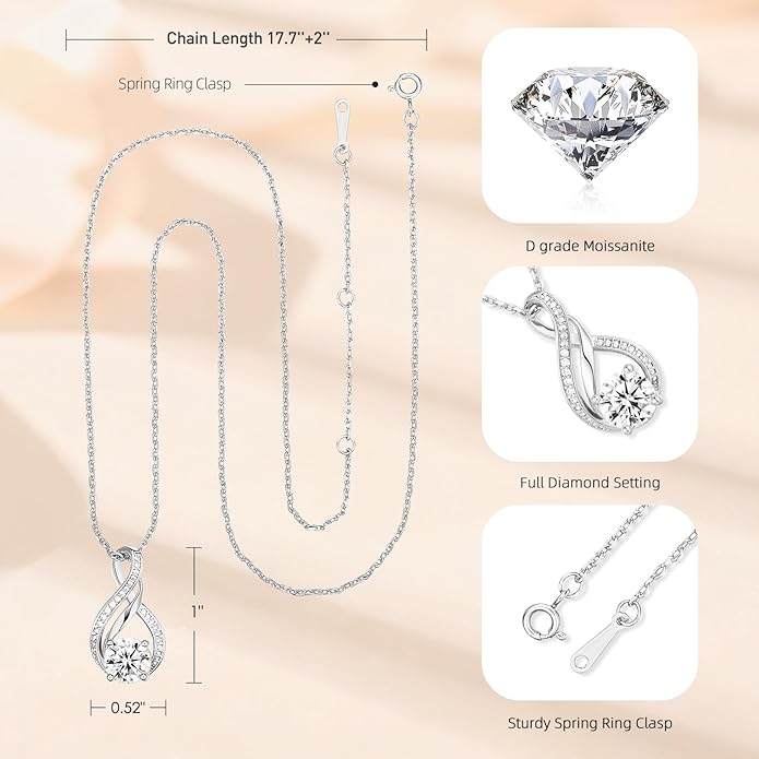 KRZ Infinity Moissanite Necklace for Girlfriend, Anniversary Birthday Present for Wife Women Her, Jewelry Gifts for Christmas Valentines Mothers Day