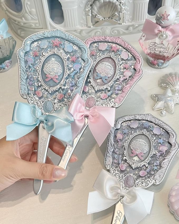 Flower Knows Shell's Jewel Hand Mirror,Vintage Portable Handheld Mirror,Fancy & Pretty Princess Mirror with Long Handle,Gift for Girls(Pink Seashell)