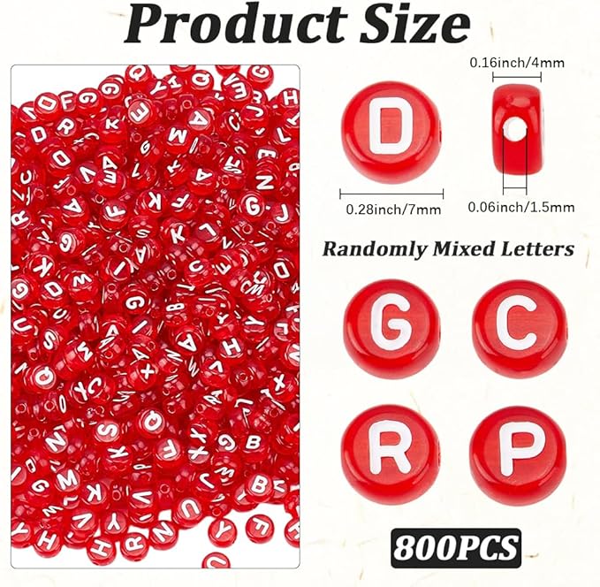 1 Box 800pcs Red Transparent Letters Beads with White Alphabet Acrylic Flat Round Clear Cylinder Loose Spacer Letter Bead Charm Bulk for Jewelry Making Necklace Bracelet DIY Craft Supply