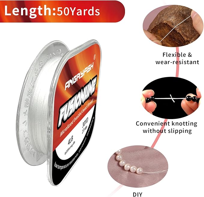 ANGRYFISH Fusionline,Micro-Fused Braided Thread,Unbelievably High Tensile Strength,Not Stretch,Super Strong Stringing Material for Bracelet,Jewelry Making and Bead Weaving (Crystal, 6lb,0.006in-30yd)