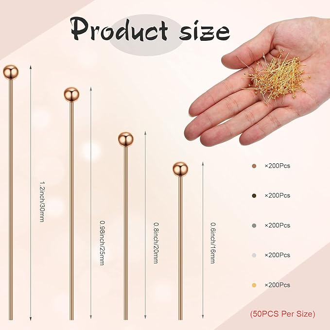 1000 Pieces Jewelry Making Silver Gold 16mm 20mm 25mm 30mm Ball Head Pins Needles Brass Long Craft Head Pins for Jewelry Making Bracelet Earring (Multicolor)